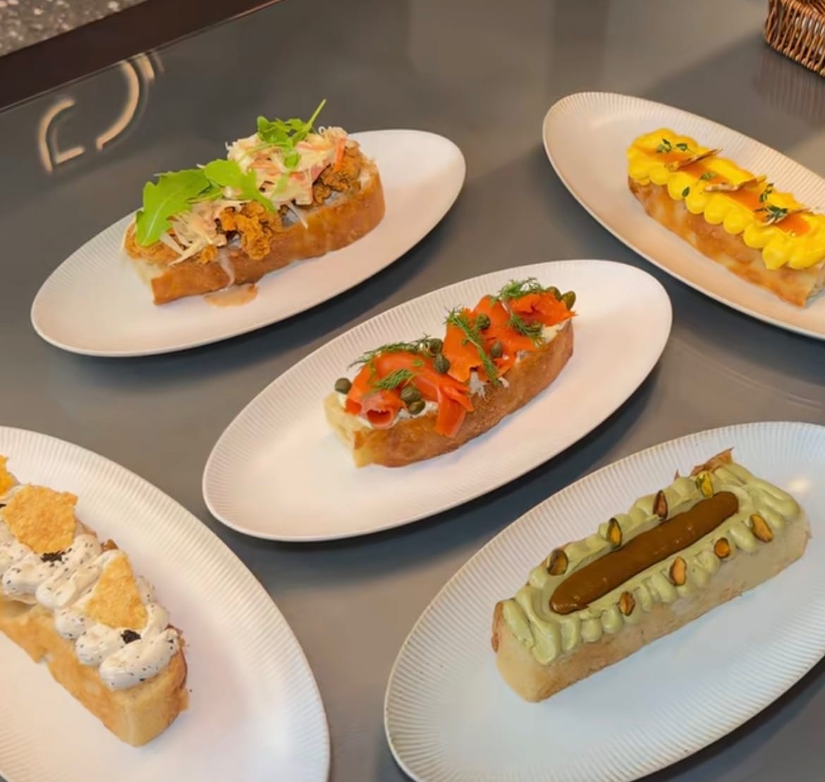 Five focaccia bars with different toppings, at Berjaya Times Square
