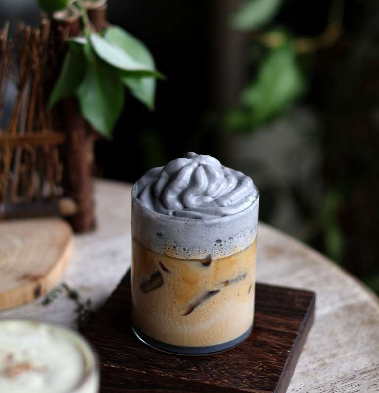 Black Sesame Sea Salt Latté topped with black sesame cream